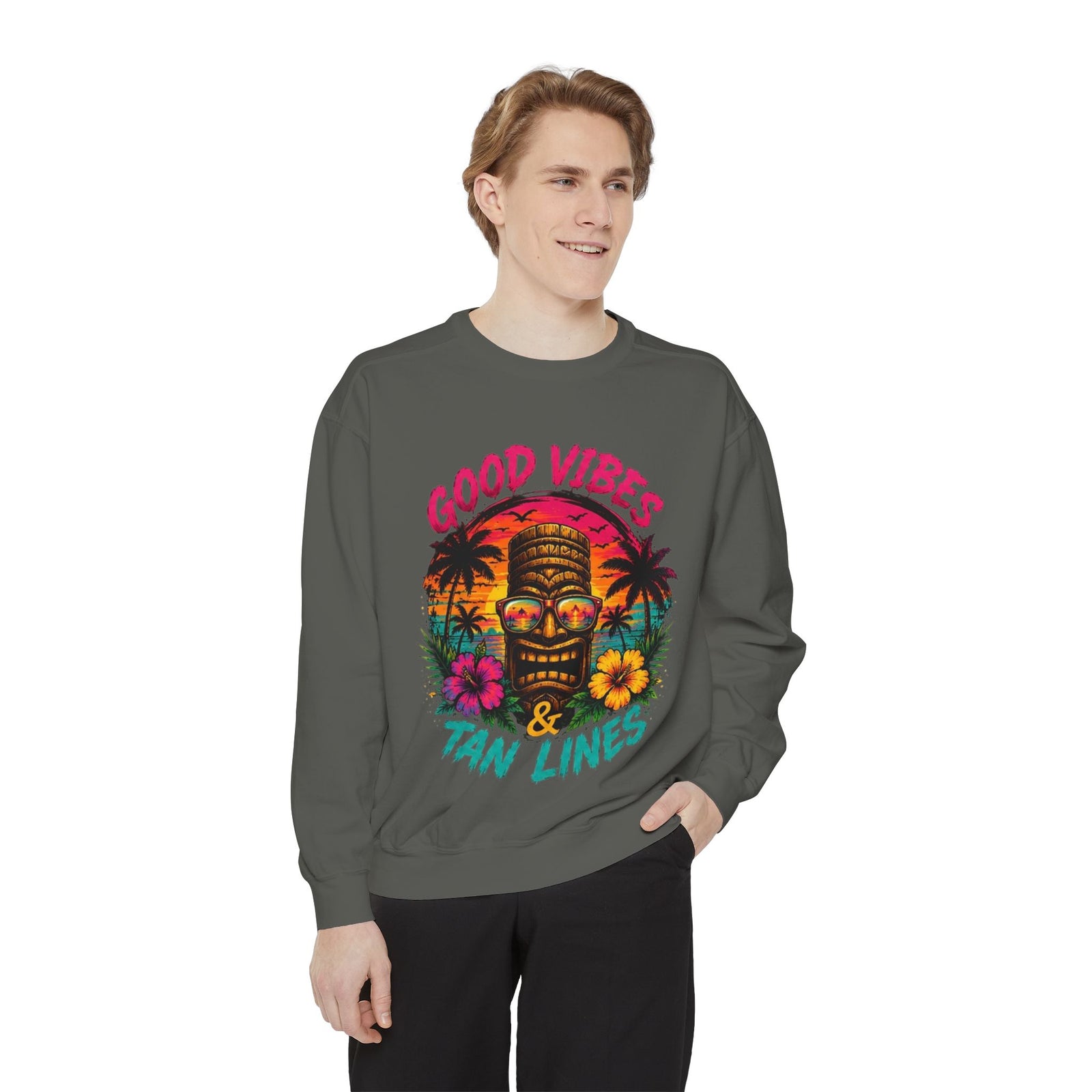 Tiki Mask Good Vibes & Tan Lines Sweatshirt | Tropical Sunset Palm Design