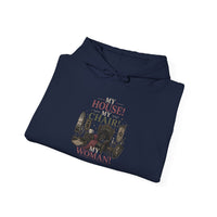 House Chair Woman hoodie | City skyline silhouette, text 'My House! My Chair! My Woman!'