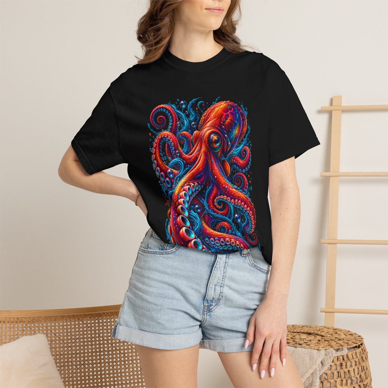 Octopus Artwork T-Shirt — Vibrant Red & Blue Ocean Octopus Graphic Tee