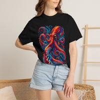 Octopus Artwork T-Shirt — Vibrant Red & Blue Ocean Octopus Graphic Tee