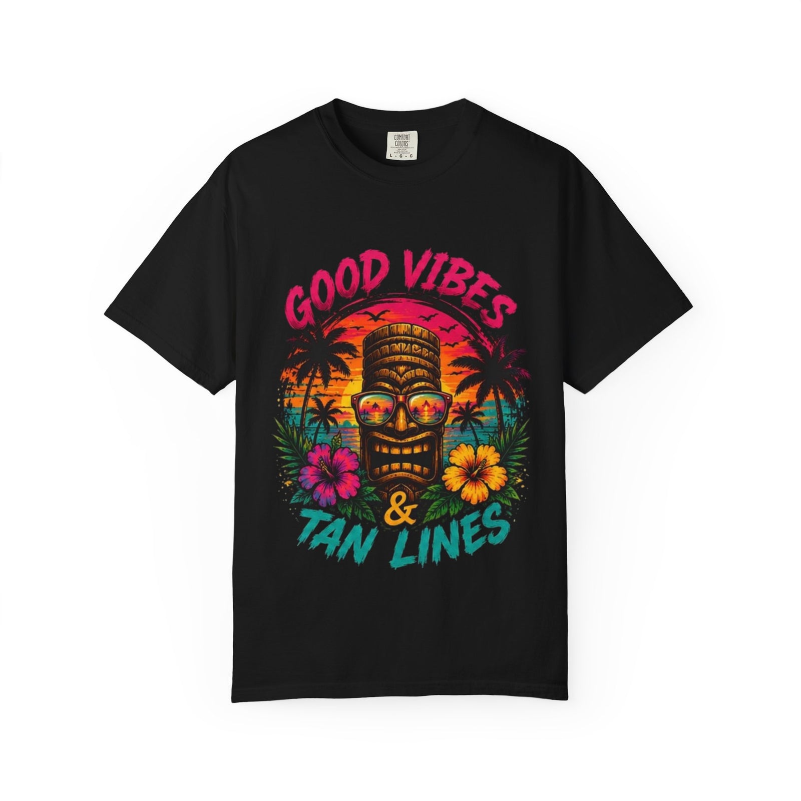 Tiki Skull Good Vibes & Tan Lines T-Shirt | Tropical Sunset Palm Beach