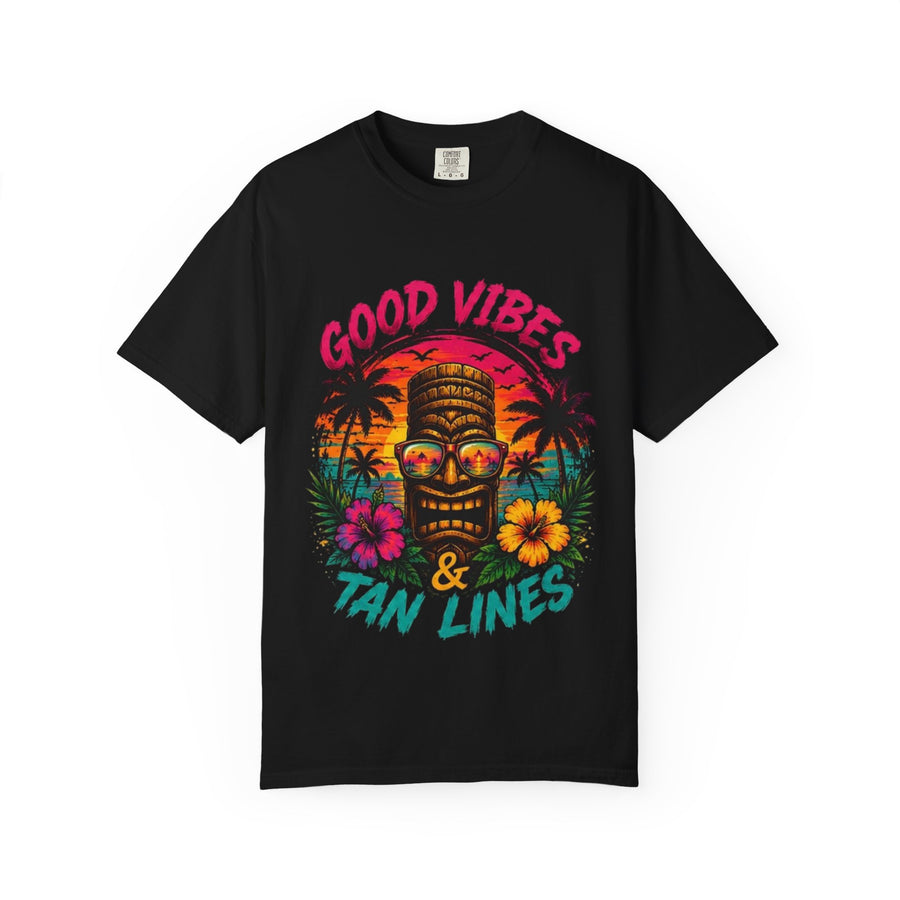 Tiki Skull Good Vibes & Tan Lines T-Shirt | Tropical Sunset Palm Beach