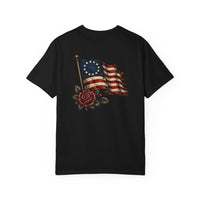 Betsy Ross Flag with Rose T-shirt | Vintage Patriotic Eagle Chest Emblem
