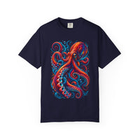 Octopus Artwork T-Shirt — Vibrant Red & Blue Ocean Octopus Graphic Tee