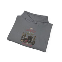 House Chair Woman hoodie | City skyline silhouette, text 'My House! My Chair! My Woman!'
