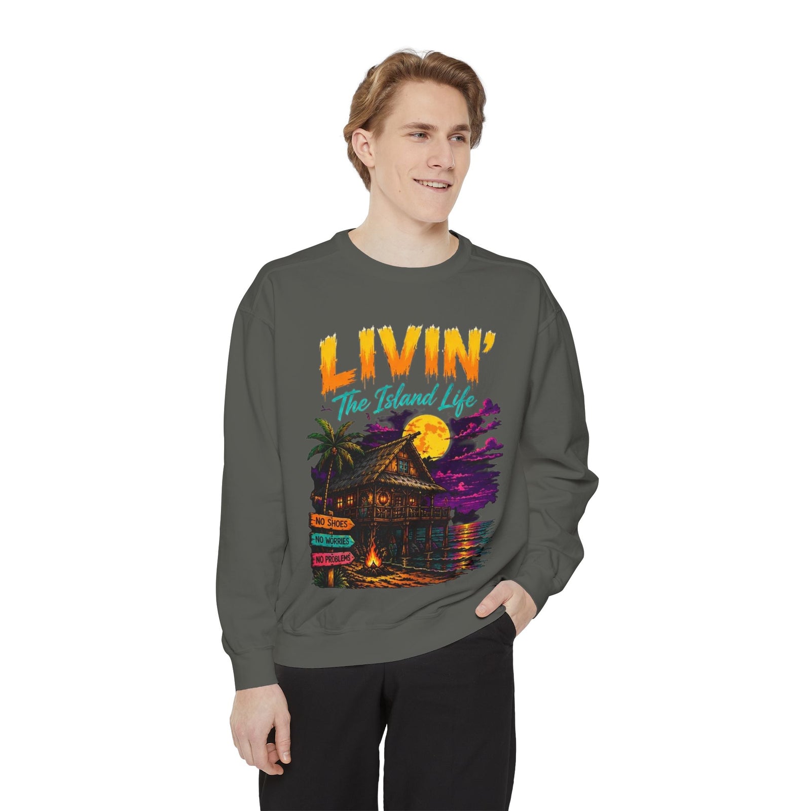 Livin' The Island Life Sweatshirt | Tiki Hut Sunset Beach Scene