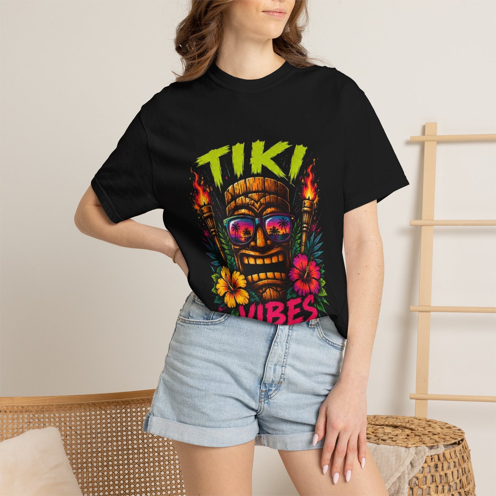 Tiki Vibes T-shirt | Tropical Tiki Mask, Flaming Torches, Hibiscus