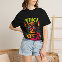 Tiki Vibes T-shirt | Tropical Tiki Mask, Flaming Torches, Hibiscus