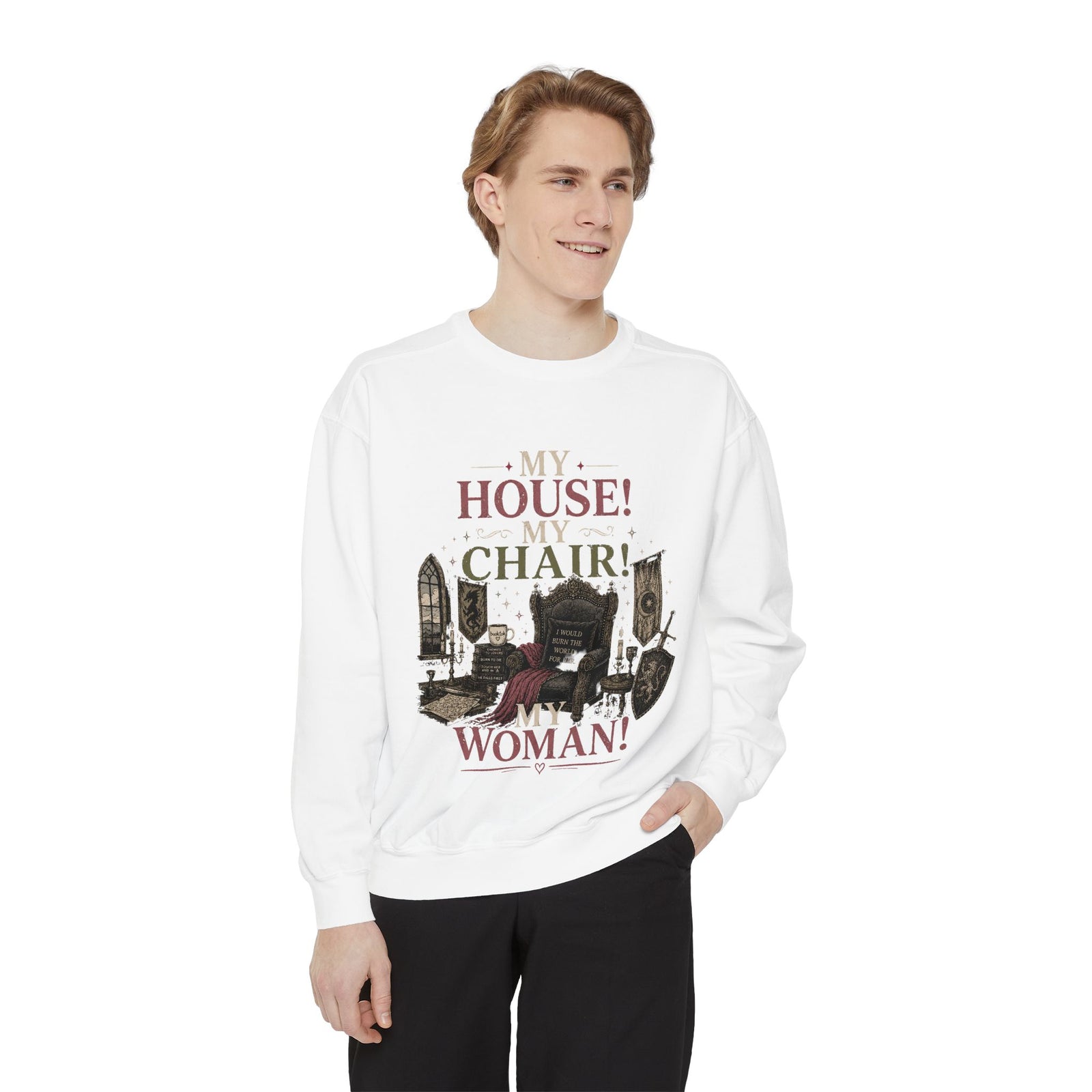 My House! My Chair! Woman! Sweatshirt | Vintage Reading Room Illustration