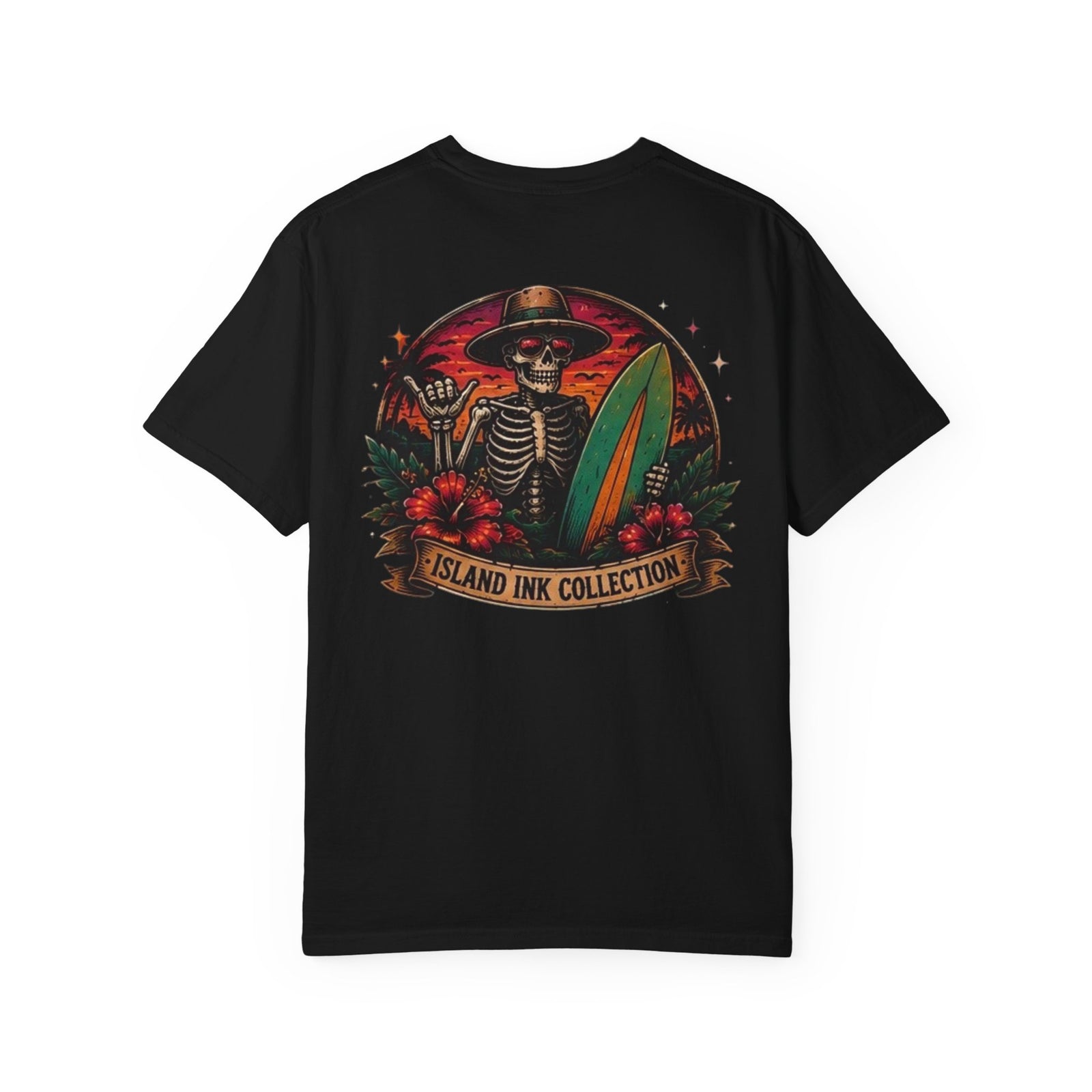 Skeleton Surfer Skull with Surfboard T-shirt | Island Ink Collection