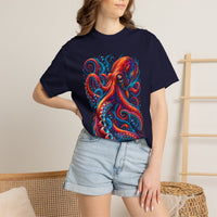 Octopus Artwork T-Shirt — Vibrant Red & Blue Ocean Octopus Graphic Tee