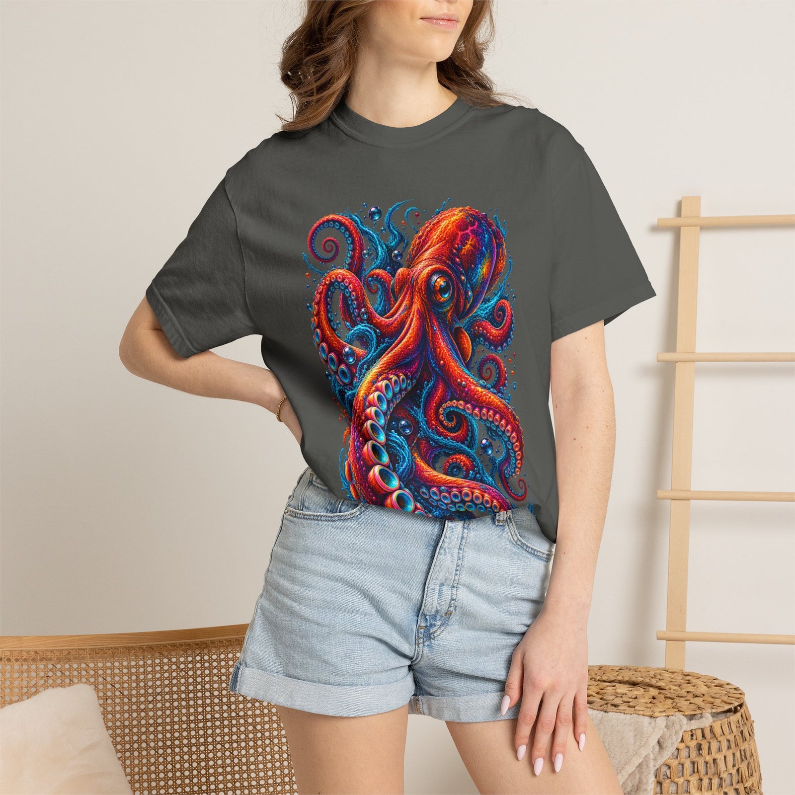 Octopus Artwork T-Shirt — Vibrant Red & Blue Ocean Octopus Graphic Tee