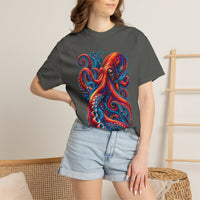 Octopus Artwork T-Shirt — Vibrant Red & Blue Ocean Octopus Graphic Tee