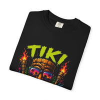 Tiki Vibes T-shirt | Tropical Tiki Mask, Flaming Torches, Hibiscus