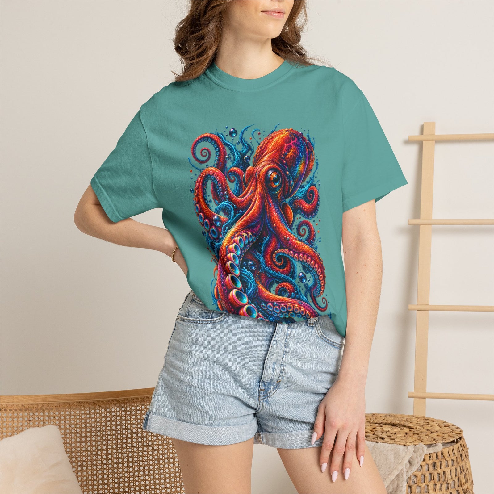 Octopus Artwork T-Shirt — Vibrant Red & Blue Ocean Octopus Graphic Tee