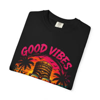 Tiki Skull Good Vibes & Tan Lines T-Shirt | Tropical Sunset Palm Beach