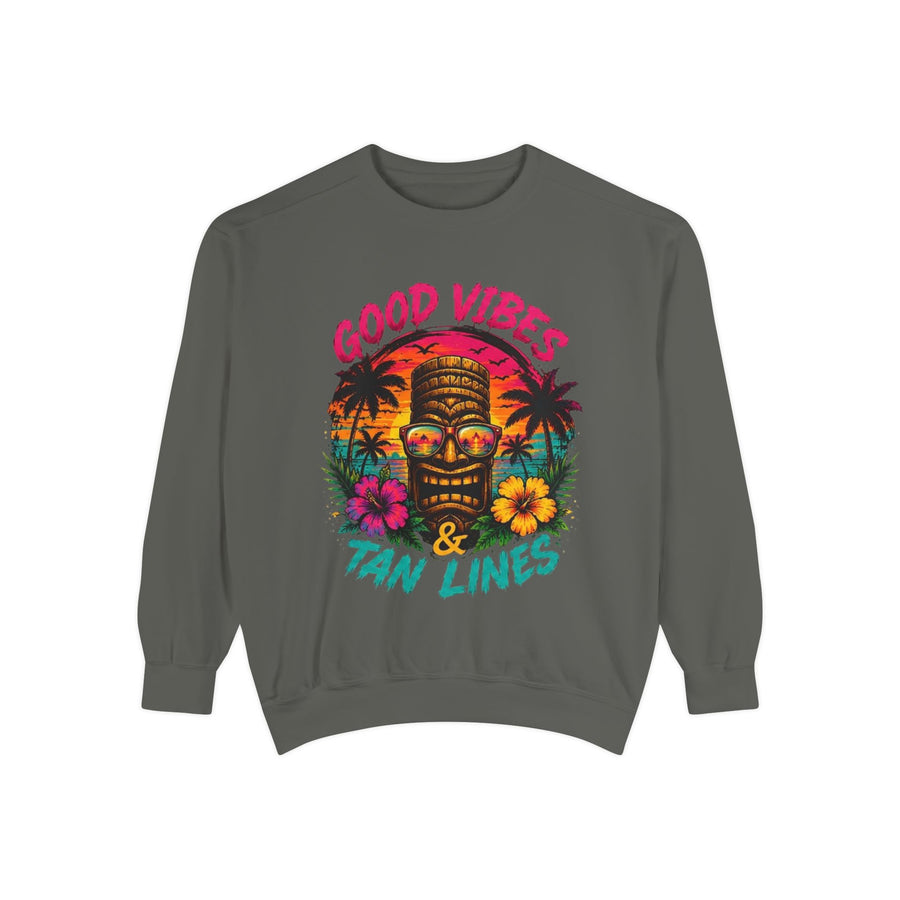 Tiki Mask Good Vibes & Tan Lines Sweatshirt | Tropical Sunset Palm Design