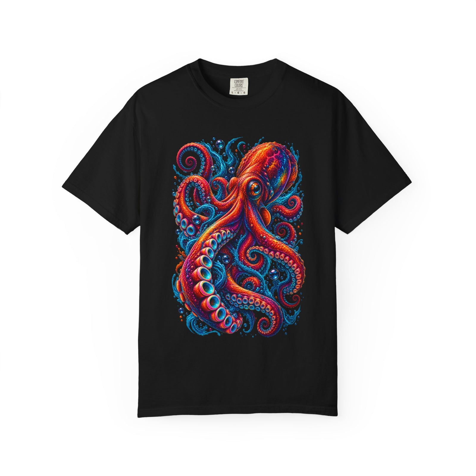 Octopus Artwork T-Shirt — Vibrant Red & Blue Ocean Octopus Graphic Tee