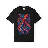 Octopus Artwork T-Shirt — Vibrant Red & Blue Ocean Octopus Graphic Tee