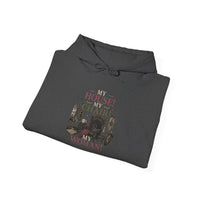 House Chair Woman hoodie | City skyline silhouette, text 'My House! My Chair! My Woman!'