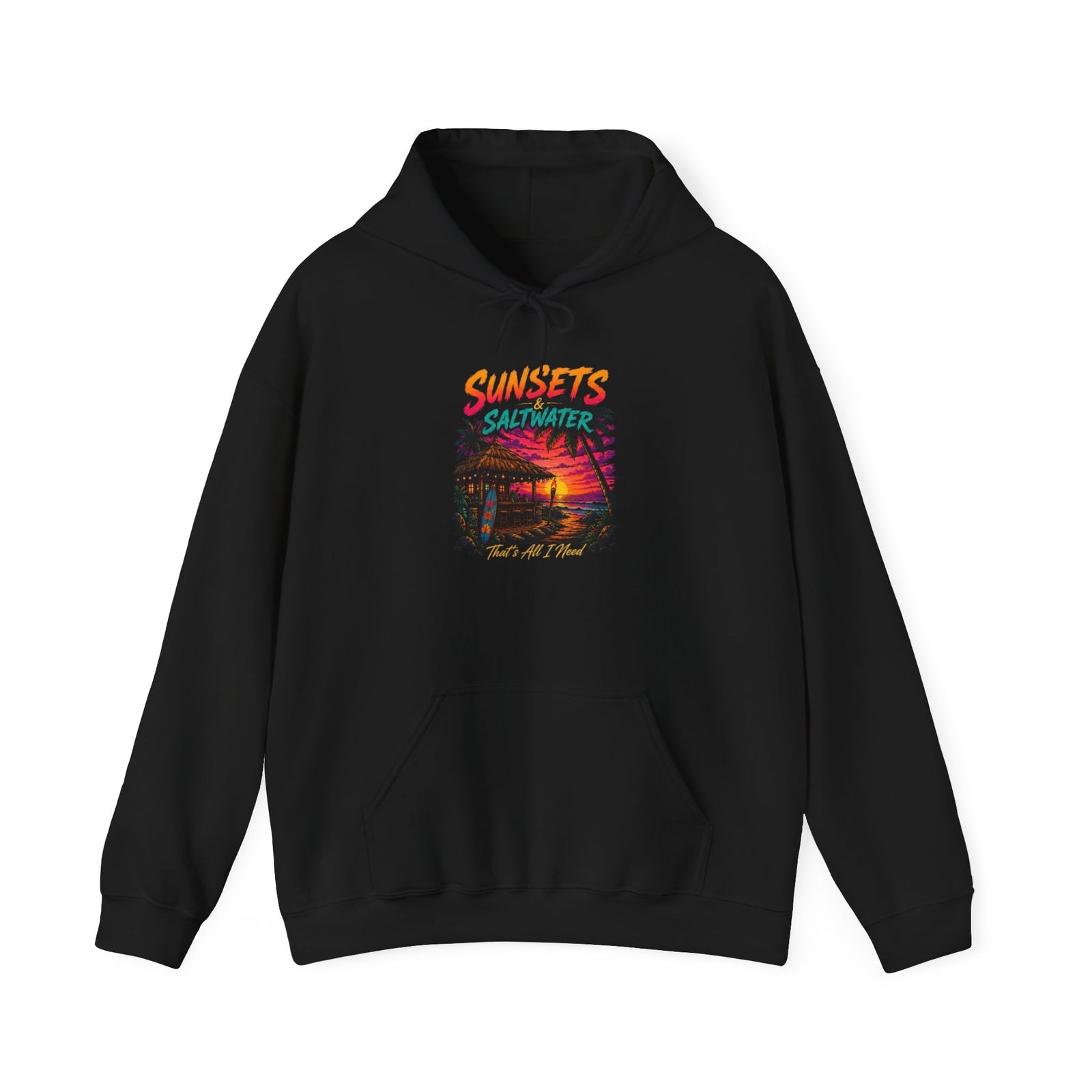 Sunsets Saltwater Beach Hut Hoodie | Retro Tropical Sunset Palm Print
