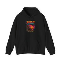 Sunsets Saltwater Beach Hut Hoodie | Retro Tropical Sunset Palm Print