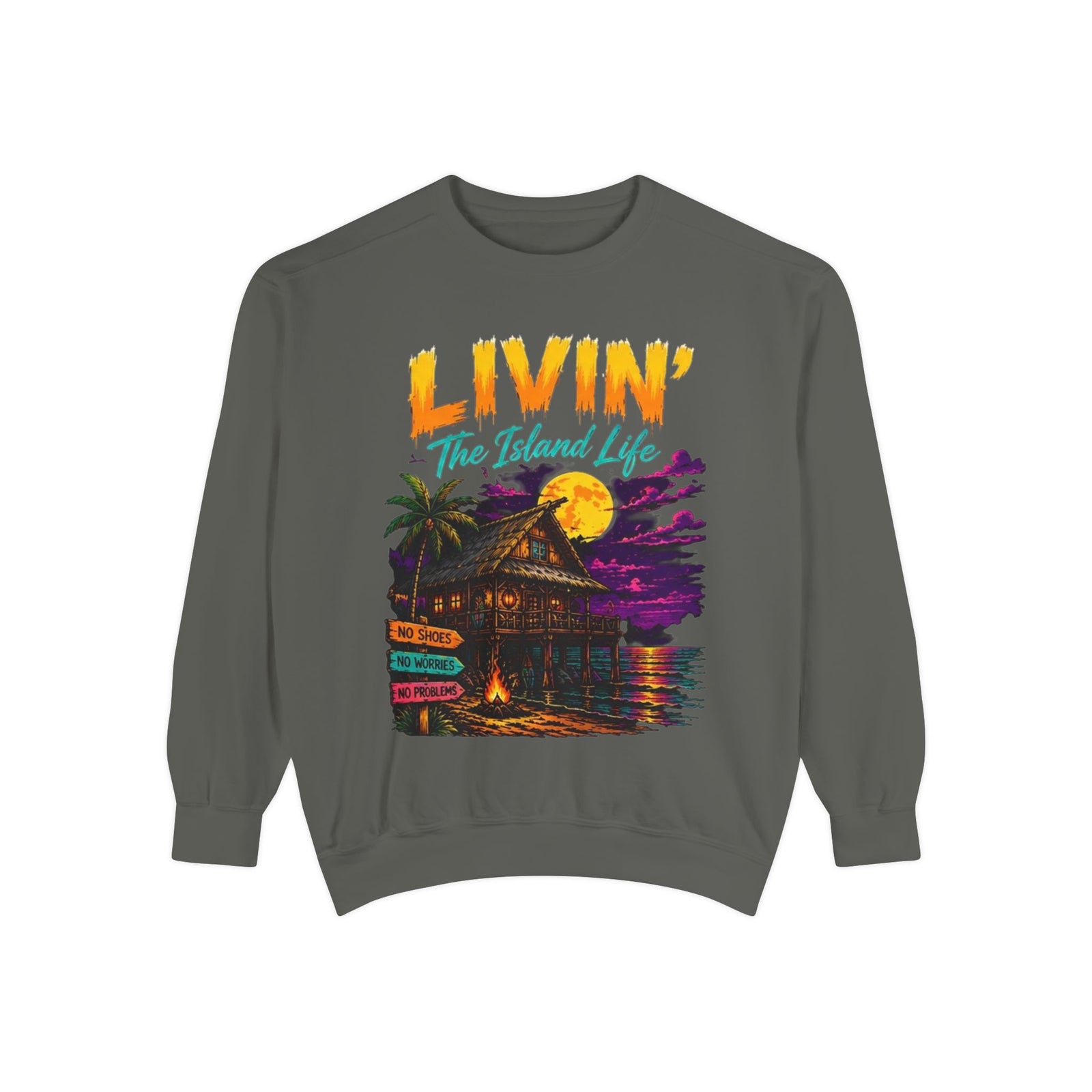 Livin' The Island Life Sweatshirt | Tiki Hut Sunset Beach Scene