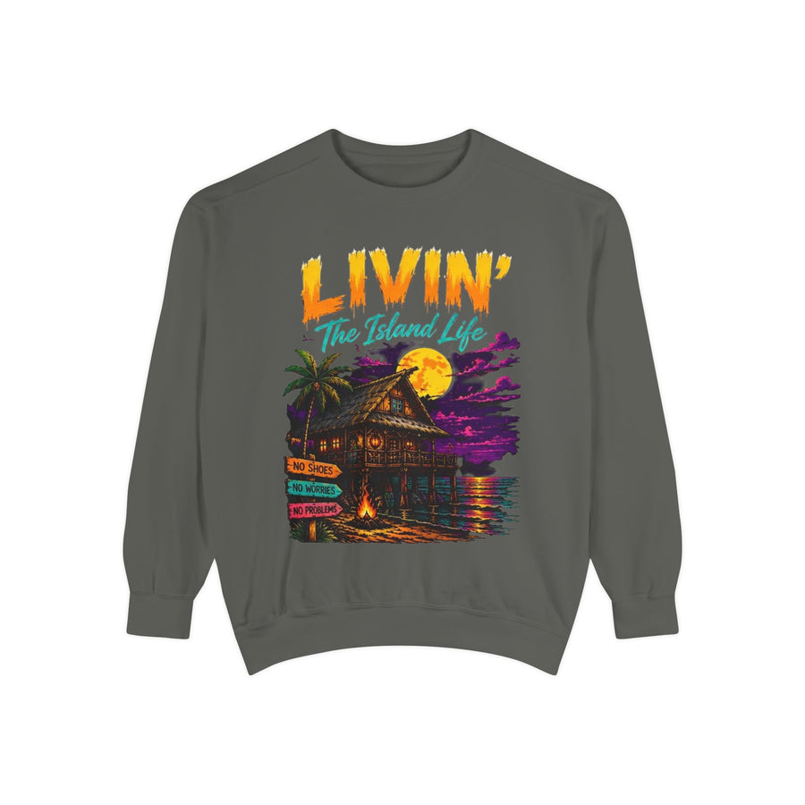 Livin' The Island Life Sweatshirt | Tiki Hut Sunset Beach Scene