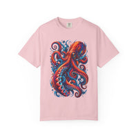Octopus Artwork T-Shirt — Vibrant Red & Blue Ocean Octopus Graphic Tee