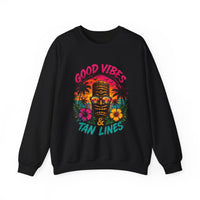 Good Vibes & Tan Lines Crewneck Sweatshirt | Tiki Sunset Palm Design