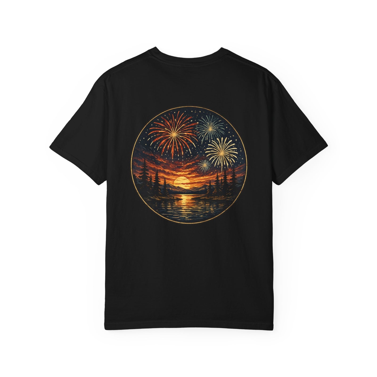 Fireworks Sunset Lake shirt | Eagle American badge chest emblem