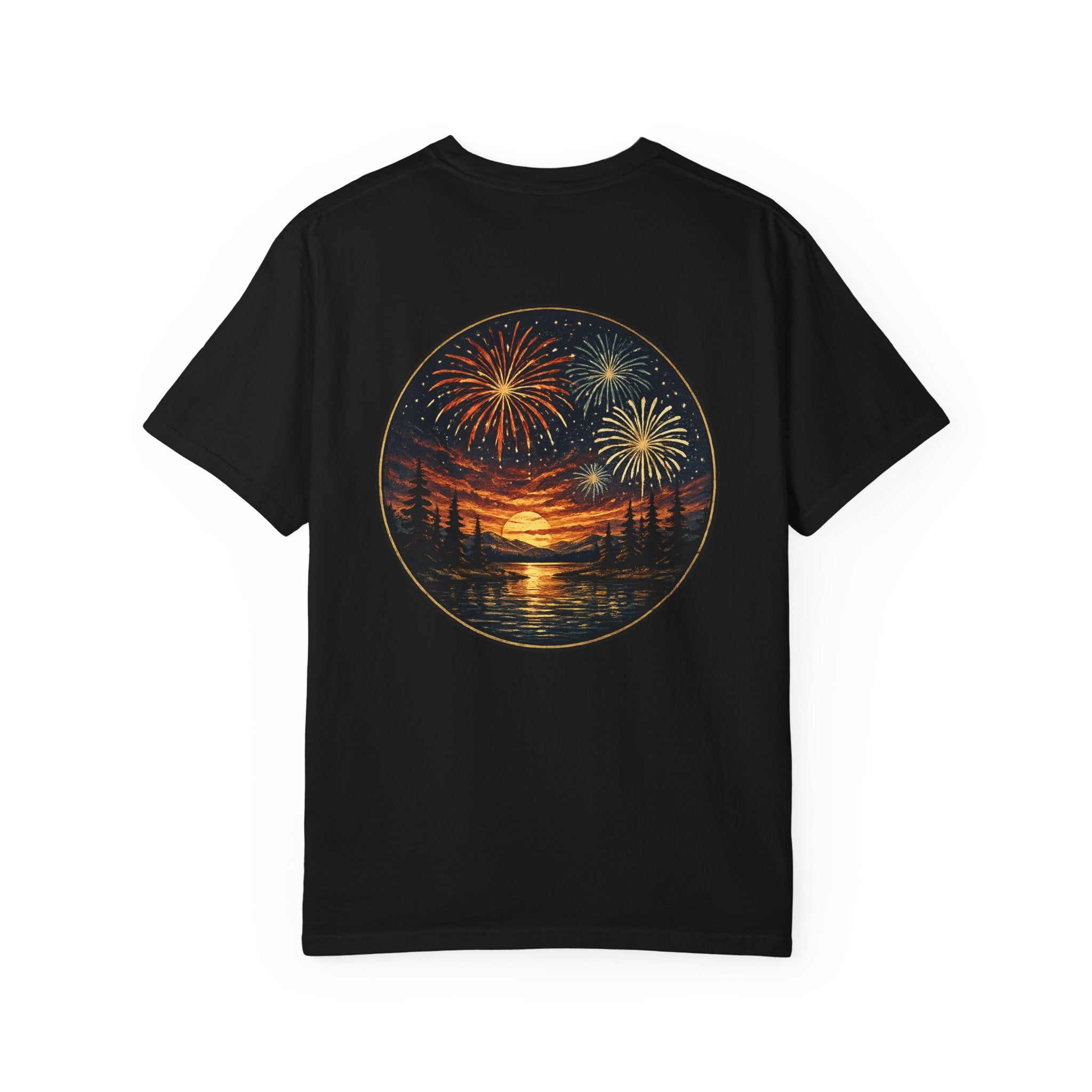 Fireworks Sunset Lake shirt | Eagle American badge chest emblem