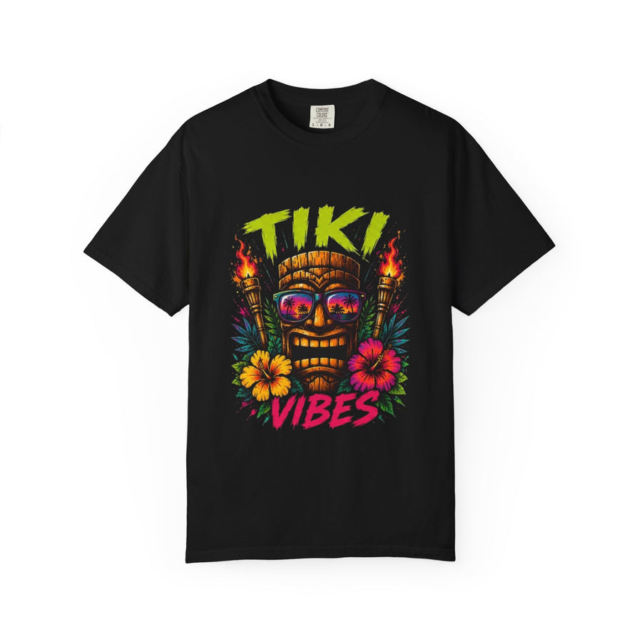 Tiki Vibes T-shirt | Tropical Tiki Mask, Flaming Torches, Hibiscus